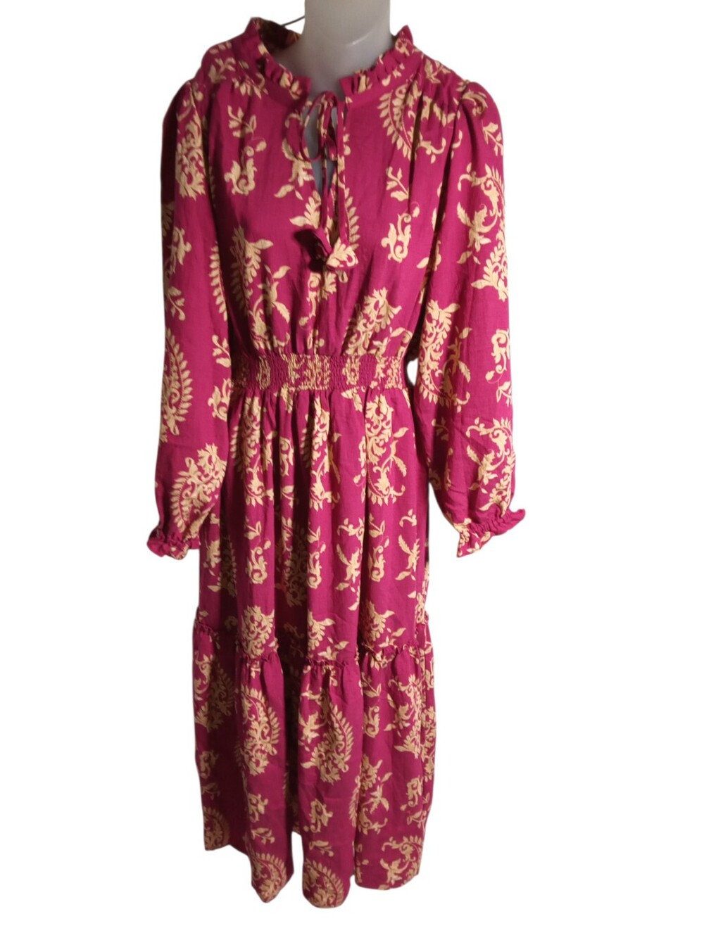 Umgee Pink Floral Midi Dress Sz L Smocked Waist Tie Neck Boho Cottagecore Tiered - Picture 3 of 9